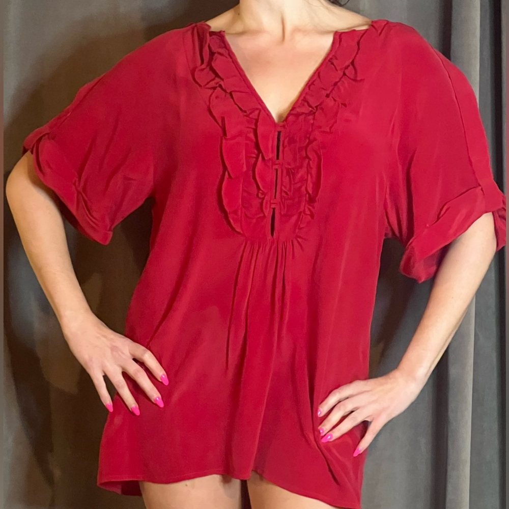 Nanette Lepore maroon burgundy red 100% silk blouse - size 8 - runs larger